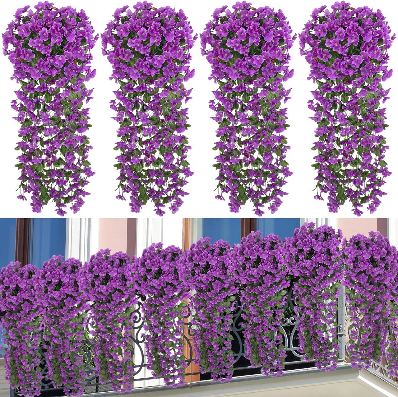 4-Pack Artificial Hanging Flower Vines – Purple Silk Hanging Plants for Home, Garden, Patio, Porch, Wedding & Indoor Outdoor Decor